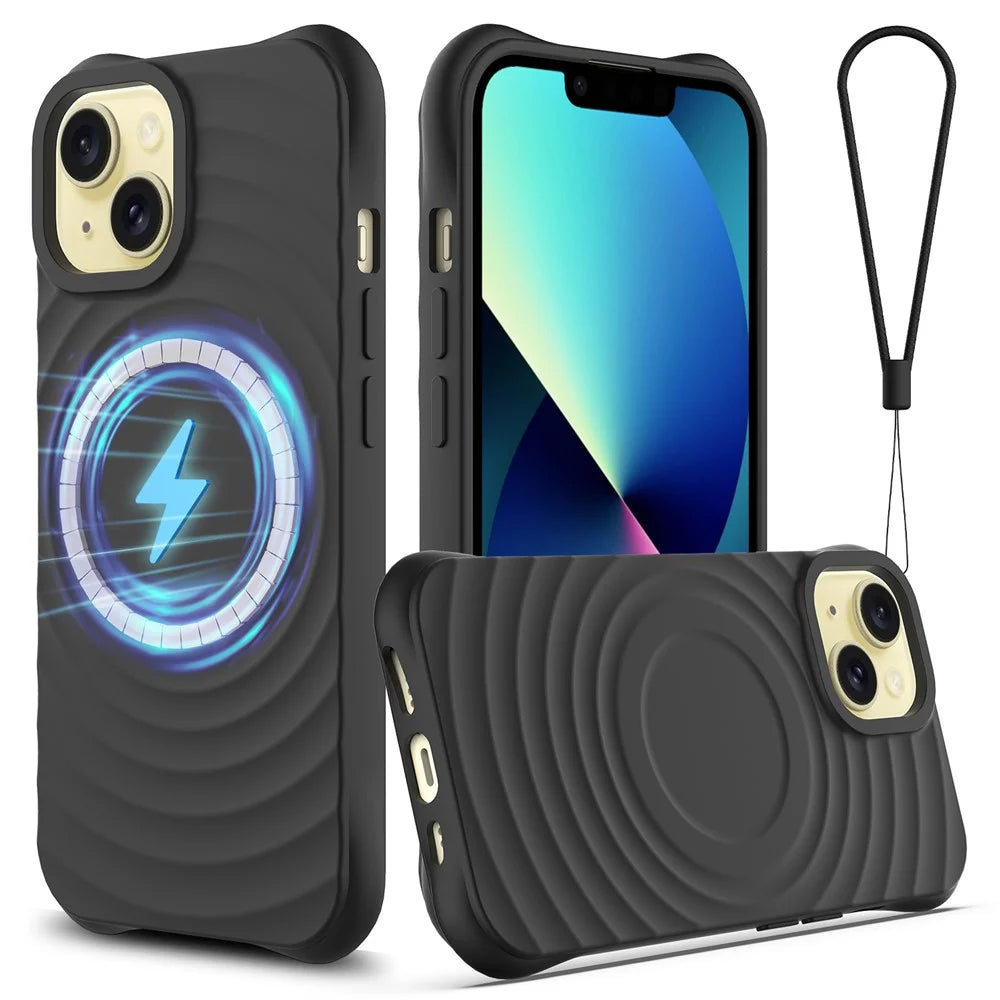 For iPhone 13 Case Compatible with Magsafe Ripple Texture Liquid Silicone Soft Phone Cover - Black - 1