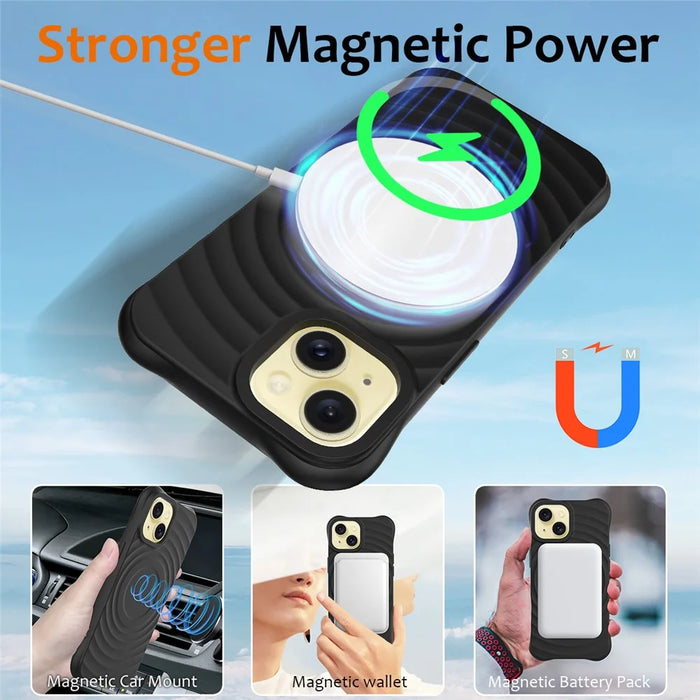 For iPhone 13 Case Compatible with Magsafe Ripple Texture Liquid Silicone Soft Phone Cover - Black - 5