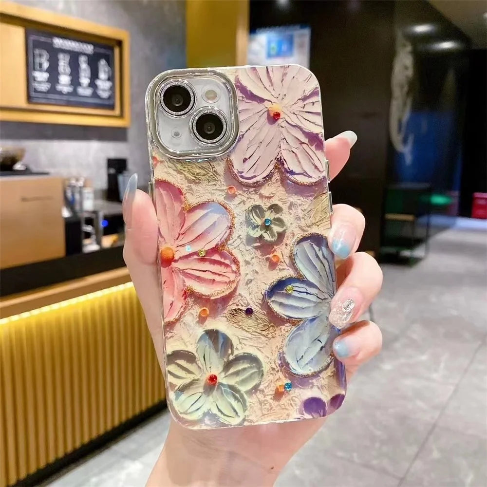 For iPhone 14 Case Electroplating Epoxy TPU Phone Cover with PC Lens Film+Metal Lens Frame - Pink+Blue Flower - 2