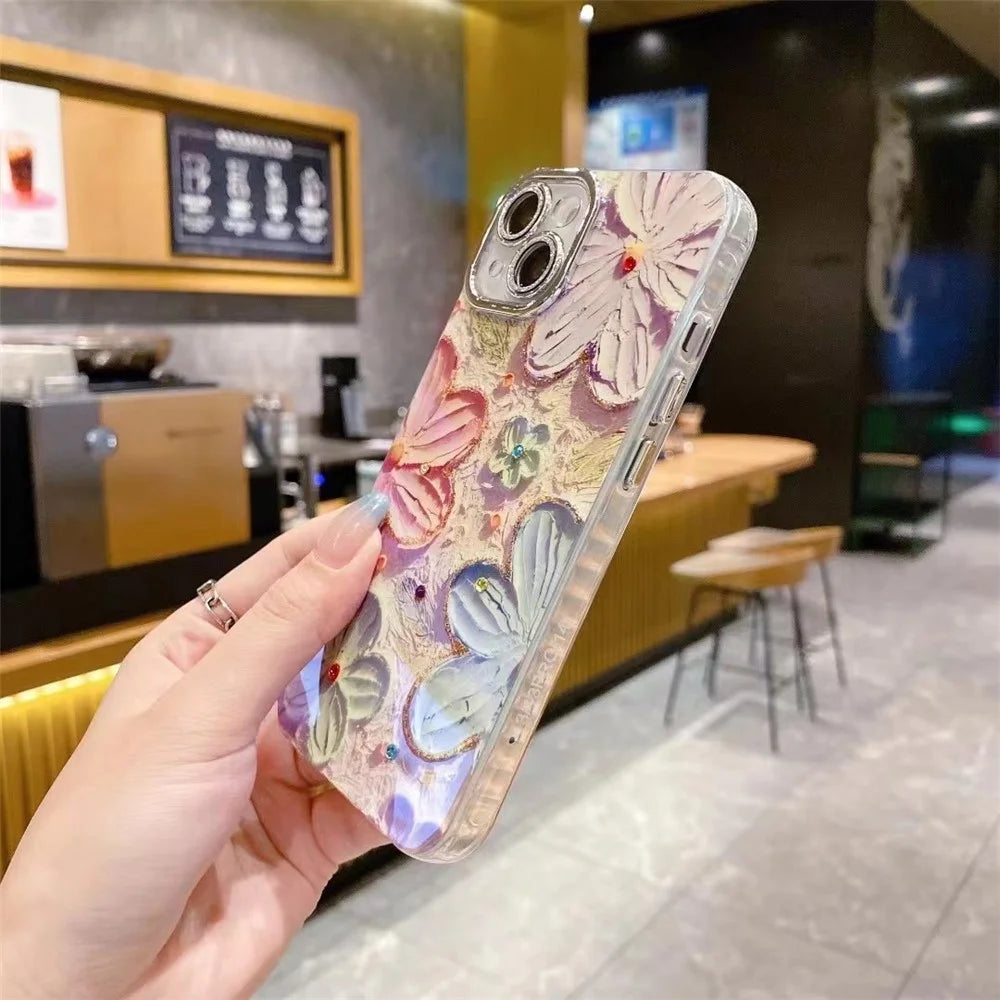For iPhone 14 Case Electroplating Epoxy TPU Phone Cover with PC Lens Film+Metal Lens Frame - Pink+Blue Flower - 4