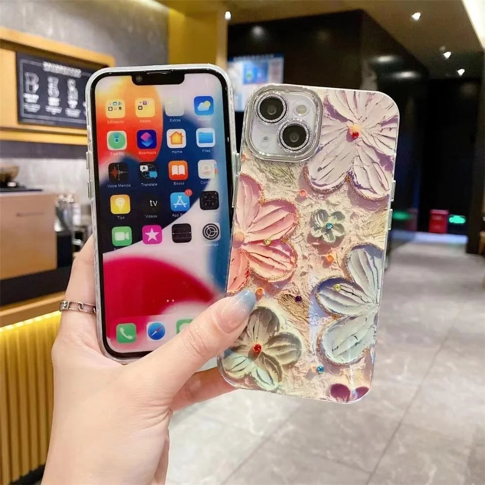 For iPhone 14 Case Electroplating Epoxy TPU Phone Cover with PC Lens Film+Metal Lens Frame - Pink+Blue Flower - 5