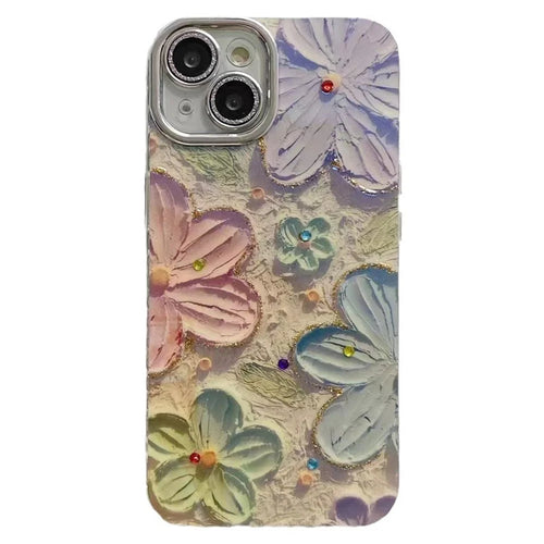 For iPhone 15 Electroplating Epoxy Phone Case TPU Phone Cover with PC Lens Film+Metal Lens Frame - Pink+Blue Flower - 1