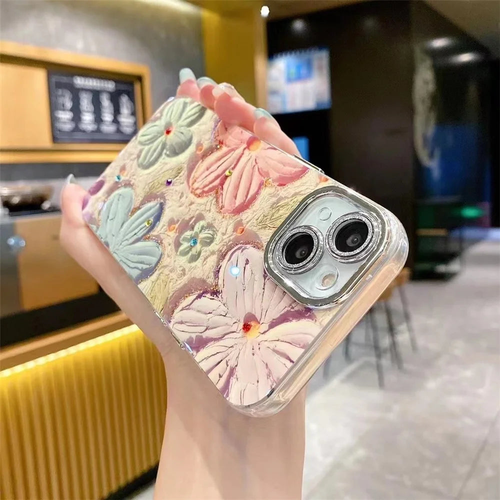 For iPhone 15 Electroplating Epoxy Phone Case TPU Phone Cover with PC Lens Film+Metal Lens Frame - Pink+Blue Flower - 3
