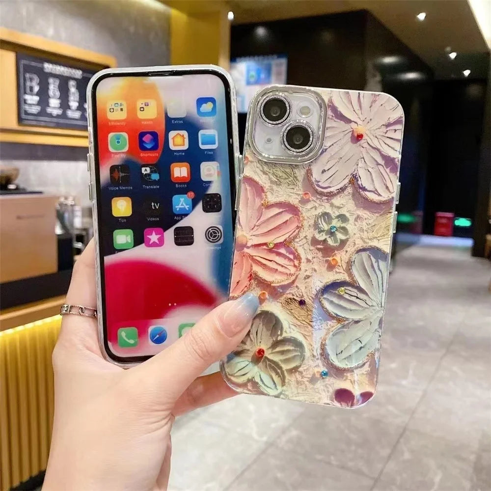 For iPhone 15 Electroplating Epoxy Phone Case TPU Phone Cover with PC Lens Film+Metal Lens Frame - Pink+Blue Flower - 5