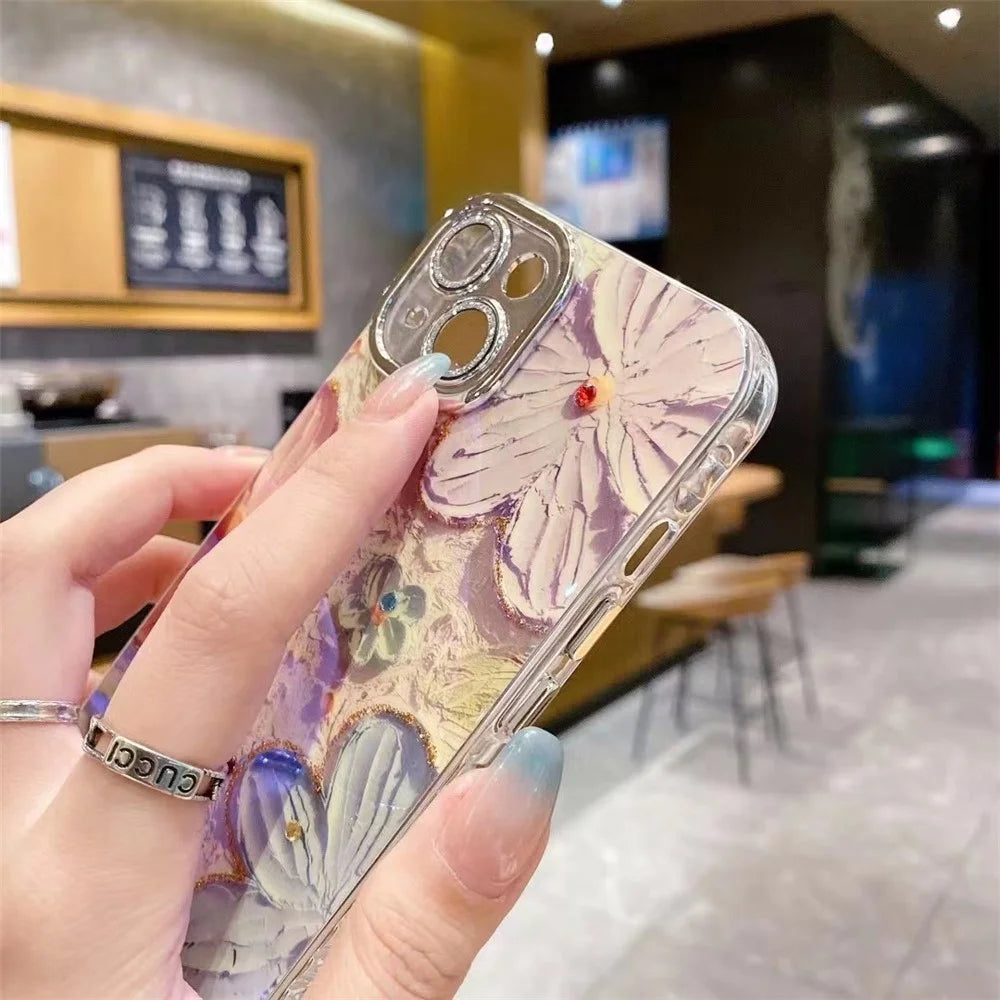 For iPhone 15 Electroplating Epoxy Phone Case TPU Phone Cover with PC Lens Film+Metal Lens Frame - Pink+Blue Flower - 6