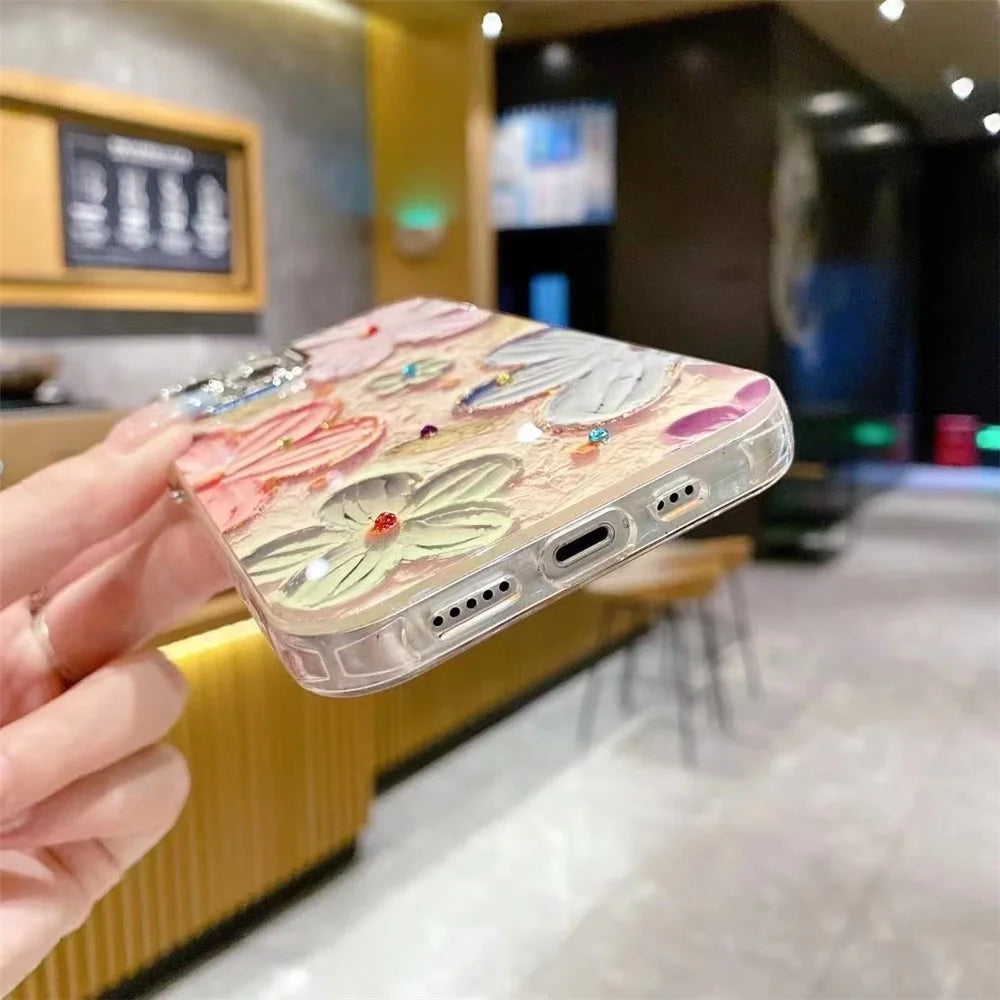 For iPhone 15 Electroplating Epoxy Phone Case TPU Phone Cover with PC Lens Film+Metal Lens Frame - Pink+Blue Flower - 7