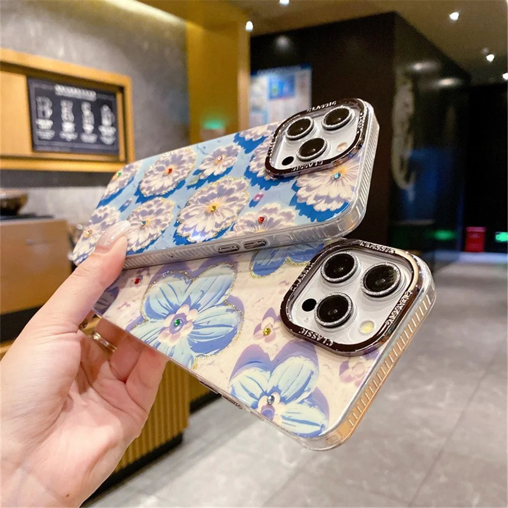 For iPhone 14 Pro Max Cover Rhinestone Flower Pattern Decor Phone Case with Metal Lens Frame - White Flower - 4