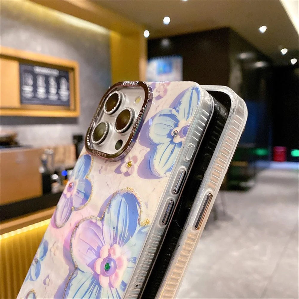 For iPhone 14 Pro Max Cover Rhinestone Flower Pattern Decor Phone Case with Metal Lens Frame - White Flower - 6