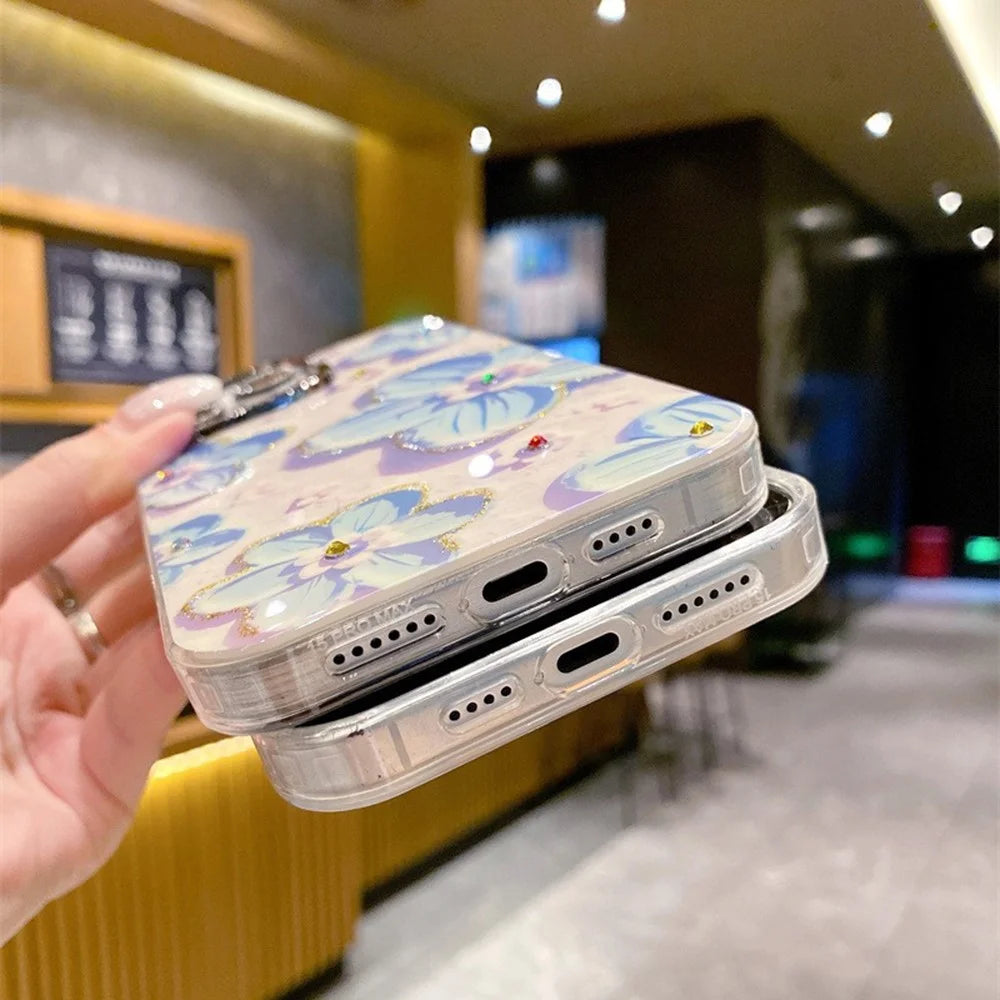 For iPhone 14 Pro Max Cover Rhinestone Flower Pattern Decor Phone Case with Metal Lens Frame - White Flower - 7