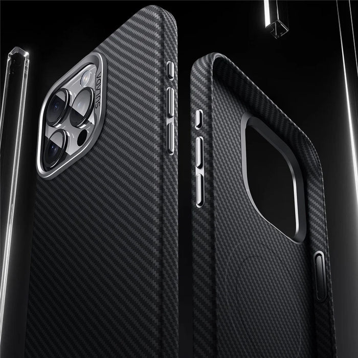 SULADA For iPhone 15 Pro Magnetic Case Metal Lens Frame Carbon Fiber Texture Leather Back Cover - Brown - 3