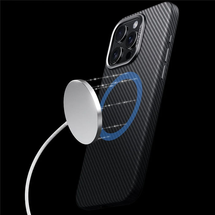 SULADA For iPhone 15 Pro Magnetic Case Metal Lens Frame Carbon Fiber Texture Leather Back Cover - Brown - 4