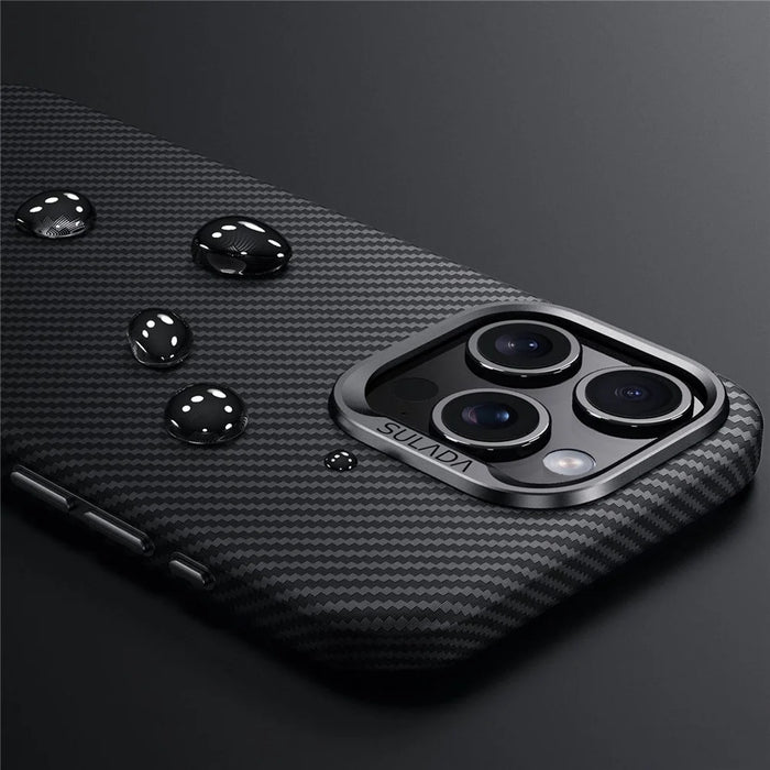 SULADA For iPhone 15 Pro Magnetic Case Metal Lens Frame Carbon Fiber Texture Leather Back Cover - Brown - 6