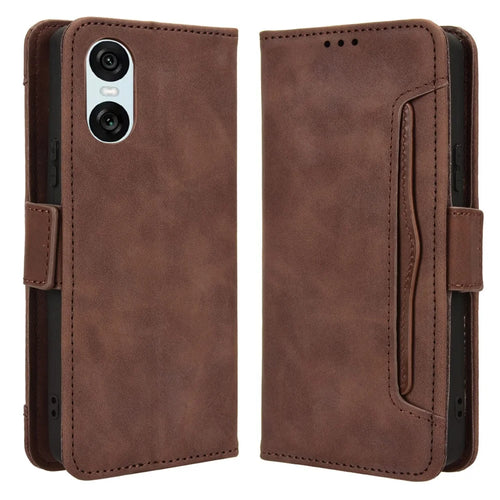 For Sony Xperia 10 VI Case PU Leather Flip Folio Phone Cover with Multiple Card Holders - Brown - 1