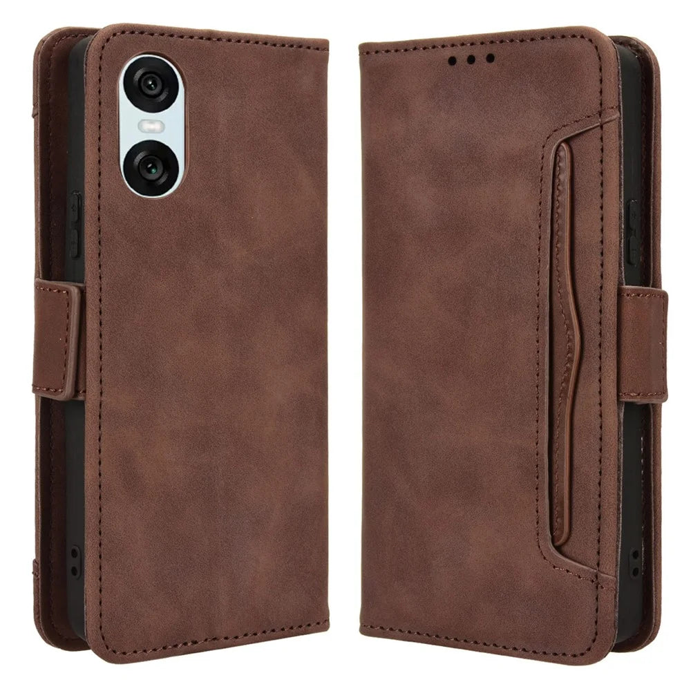 For Sony Xperia 10 VI Case PU Leather Flip Folio Phone Cover with Multiple Card Holders - Brown - 1