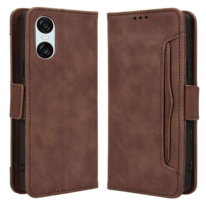 For Sony Xperia 10 VI Case PU Leather Flip Folio Phone Cover with Multiple Card Holders - Brown - 1