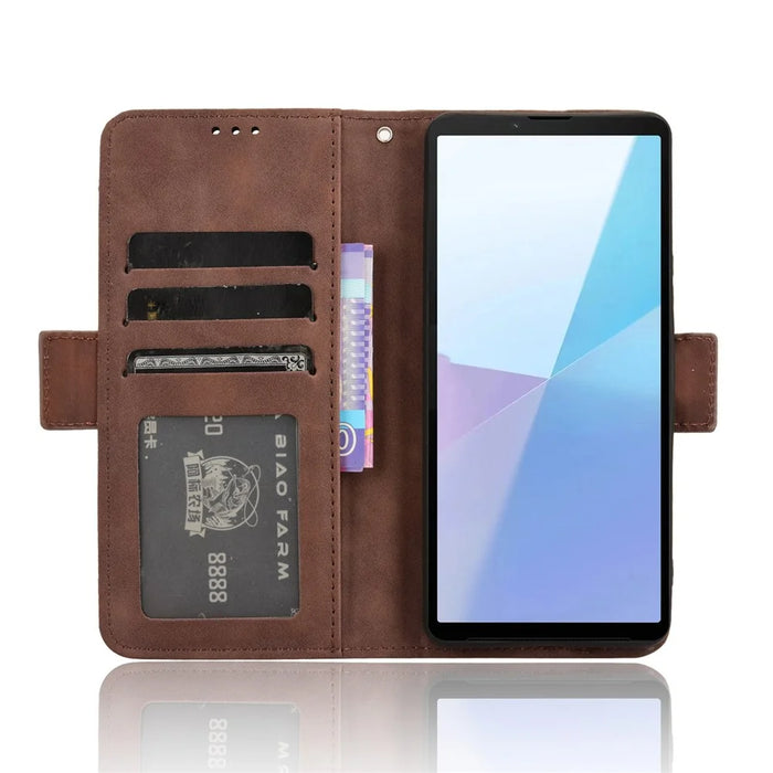 For Sony Xperia 10 VI Case PU Leather Flip Folio Phone Cover with Multiple Card Holders - Brown - 3