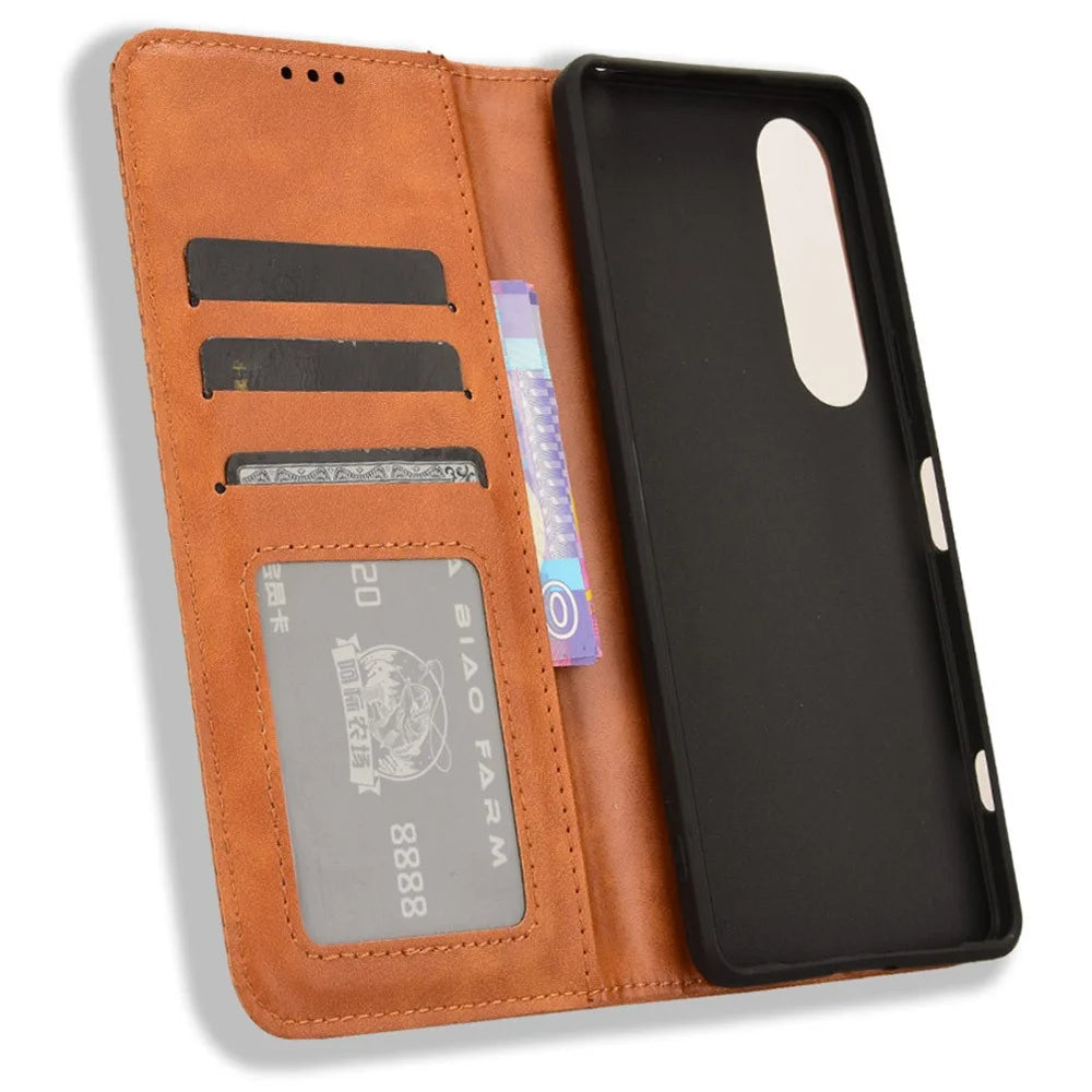 For Sony Xperia 1 VI Leather Case Magnetic Closing Phone Cover with Wallet - Brown - 4