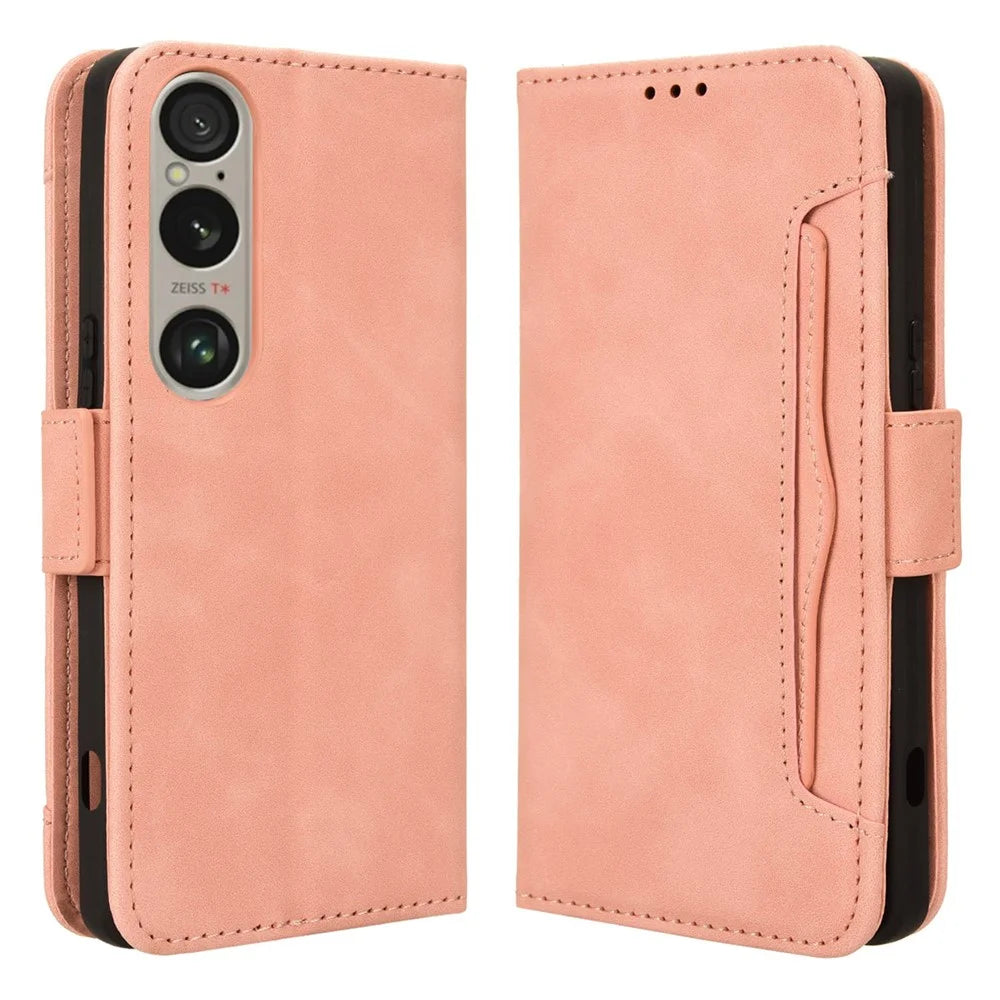 For Sony Xperia 1 VI Shockproof Case Multiple Card Slots Leather Phone Cover - Pink - 1