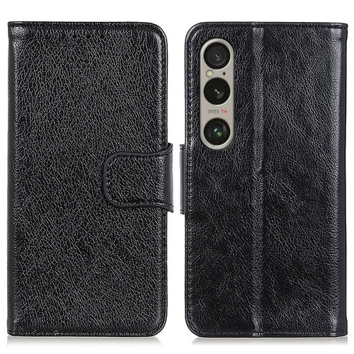 For Sony Xperia 1 VI Phone Case Split Leather Wallet Stand Nappa Texture Shockproof Cover - Black - 1