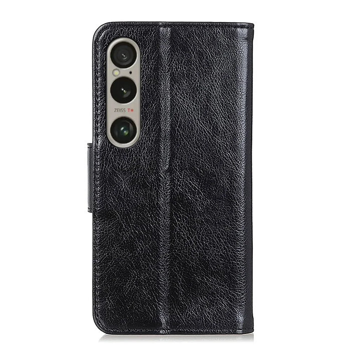 For Sony Xperia 1 VI Phone Case Split Leather Wallet Stand Nappa Texture Shockproof Cover - Black - 6