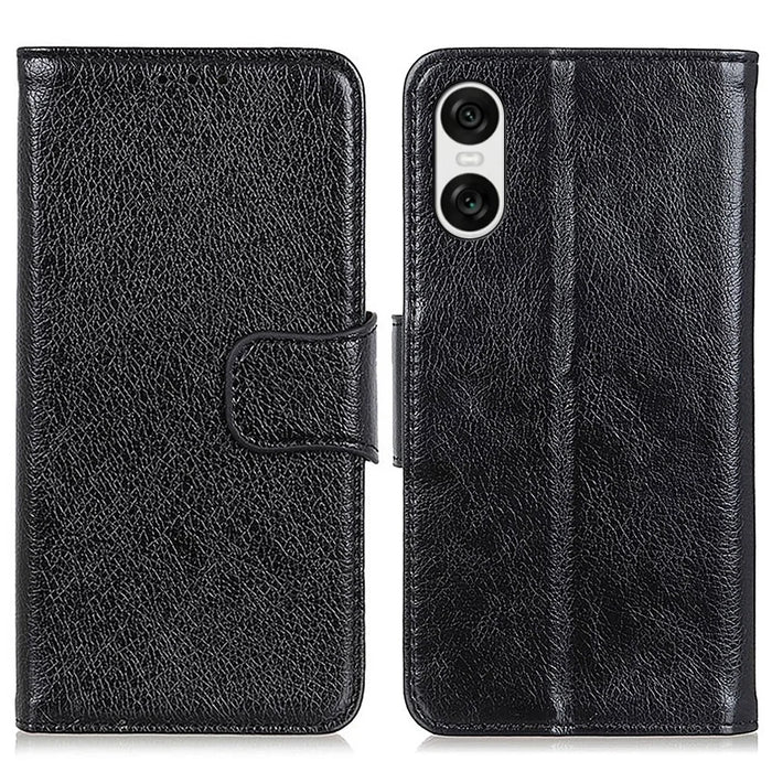 For Sony Xperia 10 VI Case Split Leather Wallet Stand Nappa Texture Shockproof Phone Cover - Black - 1