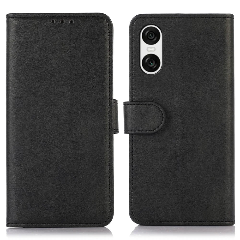For Sony Xperia 10 VI Case Leather Cowhide Texture Phone Wallet Cover with Magnetic Clasp - Black - 1