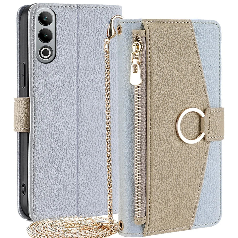 For OnePlus Nord CE4 5G Leather Case Zipper Wallet Stand Phone Cover with Mirror Function - Blue - 1