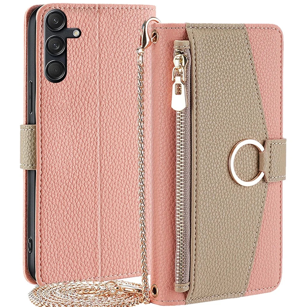 For Samsung Galaxy M55 5G / C55 5G / F55 5G Case Zipper Wallet Stand Phone Leather Cover with Mirror Design - Pink - 1