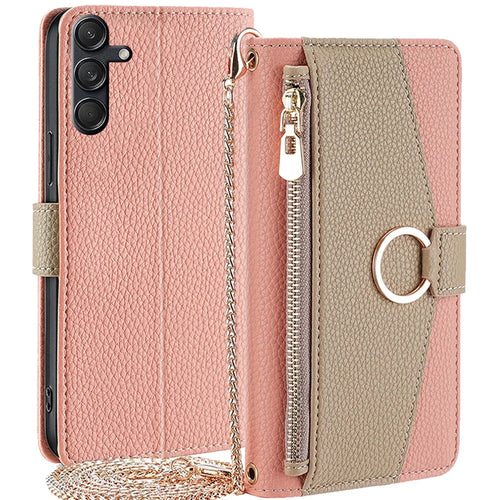 For Samsung Galaxy M55 5G / C55 5G / F55 5G Case Zipper Wallet Stand Phone Leather Cover with Mirror Design - Pink - 1