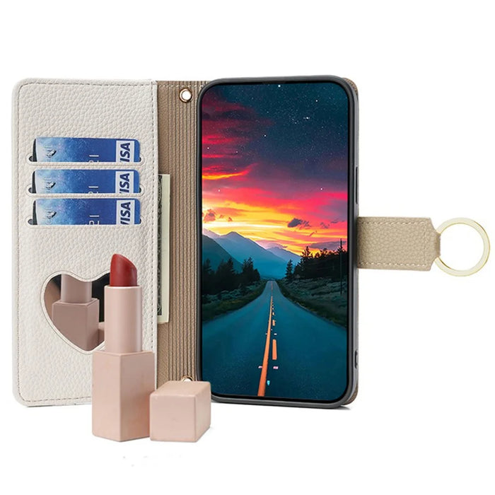 For vivo Y03 Case Makeup Mirror PU Leather+TPU Phone Cover with Chain Shoulder Strap - White - 2
