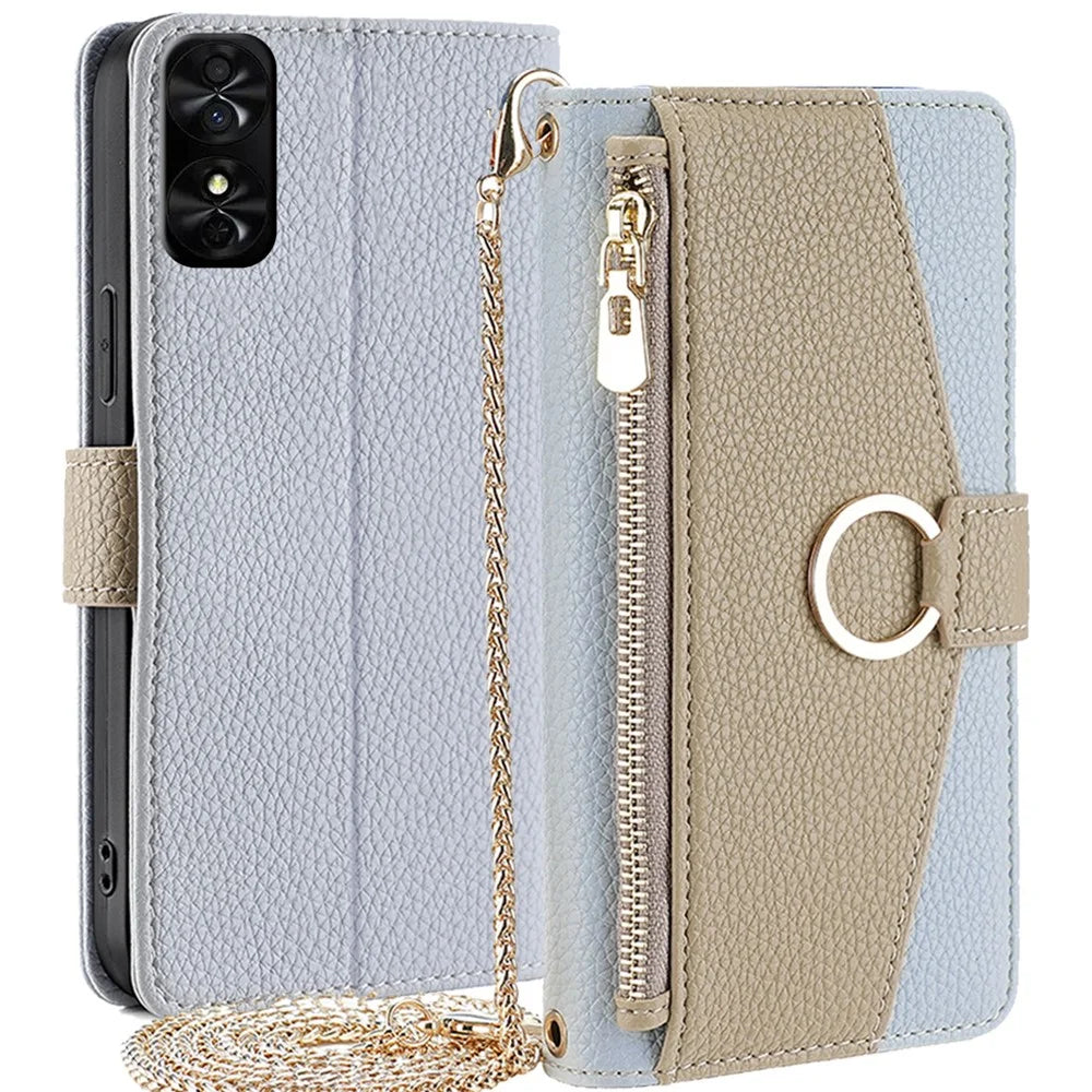 For TCL 50 SE Magnetic Phone Case Zipper Purse Stand Crossbody Cover with Chain Lanyard - Blue - 1