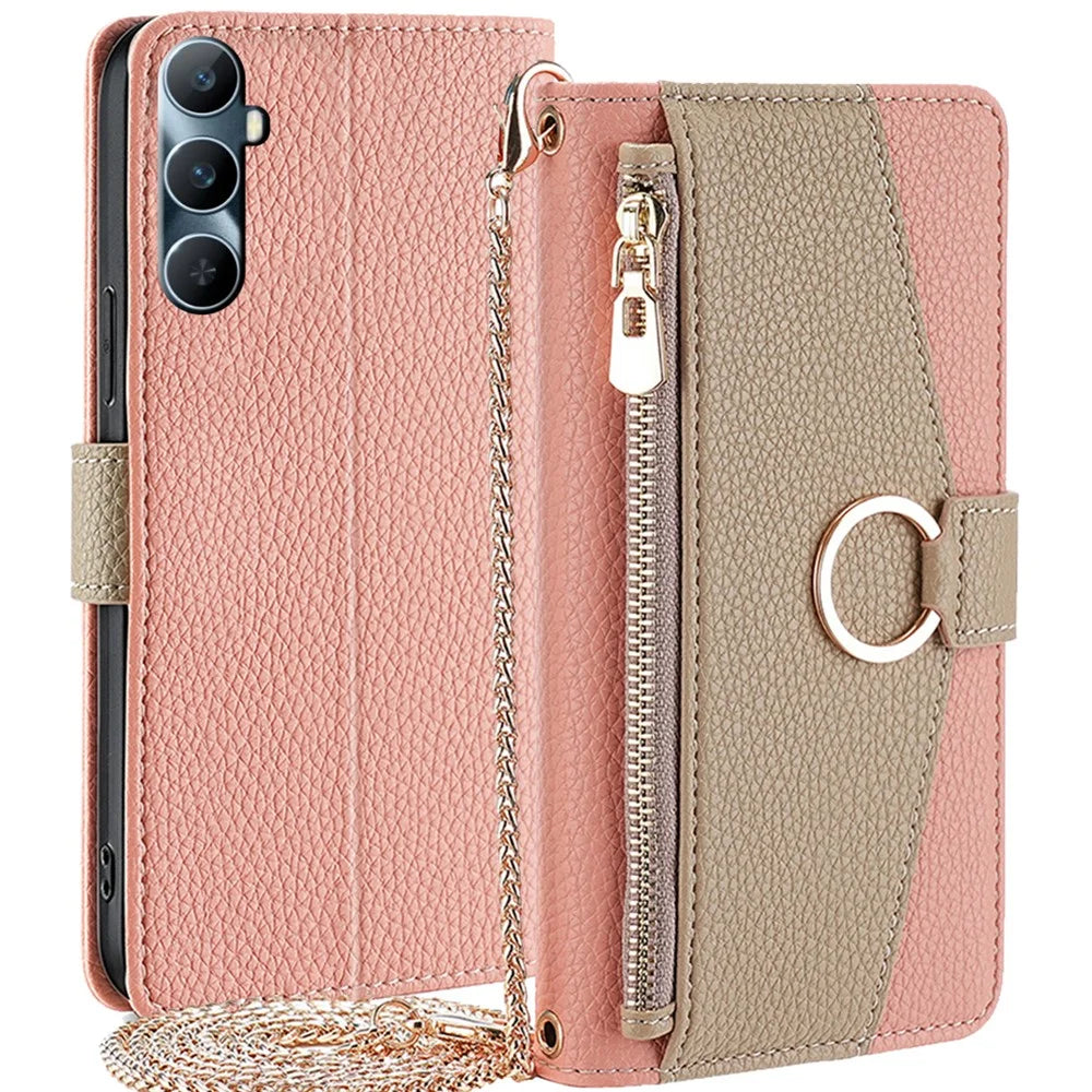 For Realme C65 4G Case PU Leather Zipper Purse Crossbody Phone Cover with Chain Lanyard - Pink - 1