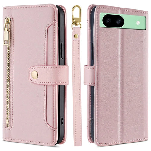 For Google Pixel 8a Phone Case PU Leather Protective Cover with Zipper Wallet - Pink - 1