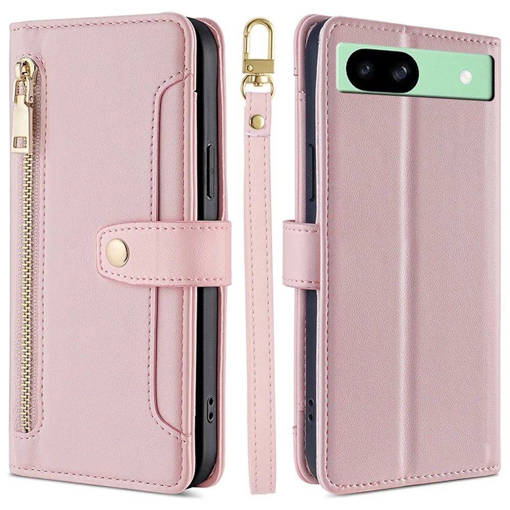 For Google Pixel 8a Phone Case PU Leather Protective Cover with Zipper Wallet - Pink - 1