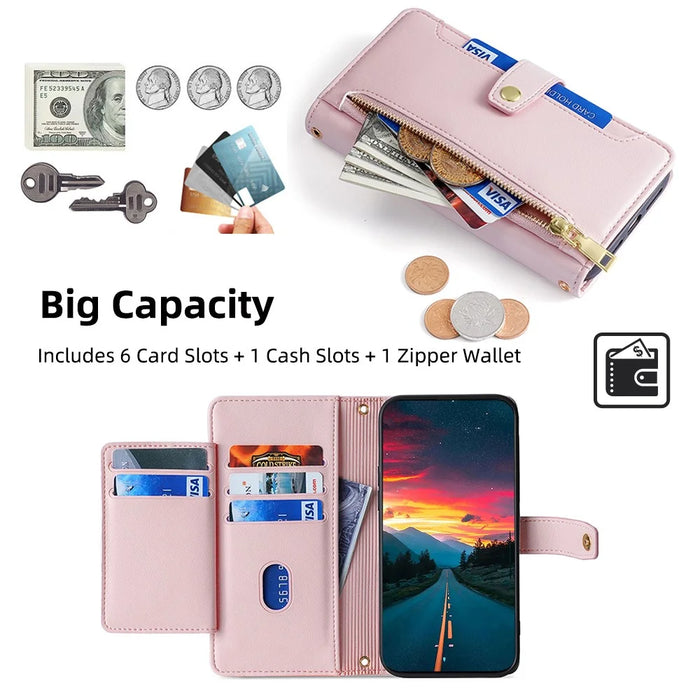 For Google Pixel 8a Phone Case PU Leather Protective Cover with Zipper Wallet - Pink - 5