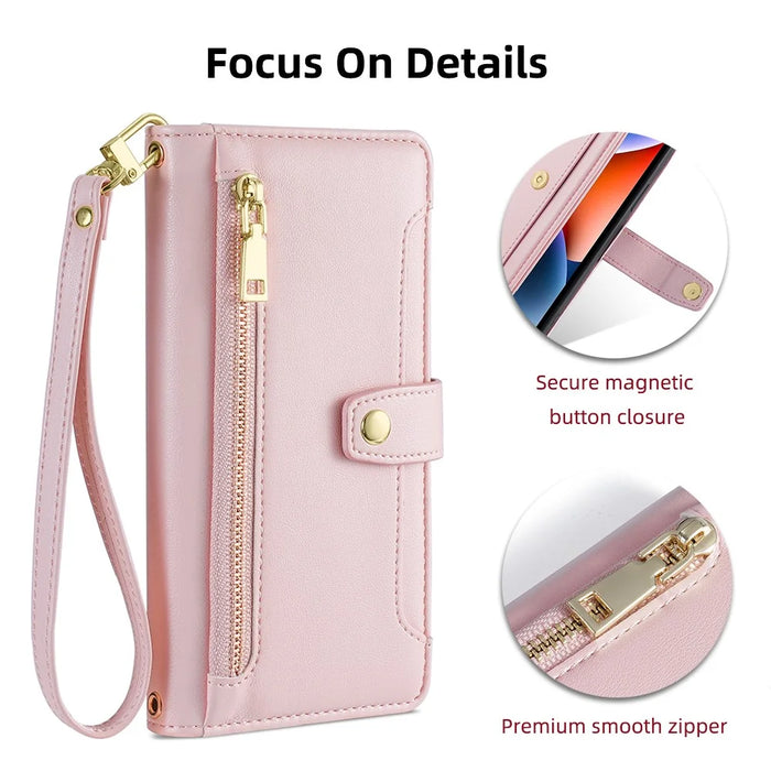For Google Pixel 8a Phone Case PU Leather Protective Cover with Zipper Wallet - Pink - 6