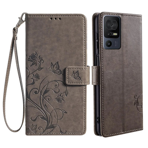 For TCL 40 SE PU Leather Phone Case Butterfly Flower Imprinted Phone Cover - Grey - 1