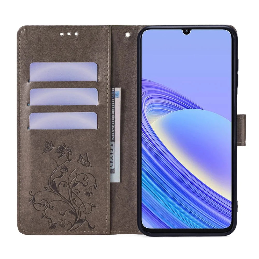 For TCL 40 SE PU Leather Phone Case Butterfly Flower Imprinted Phone Cover - Grey - 2