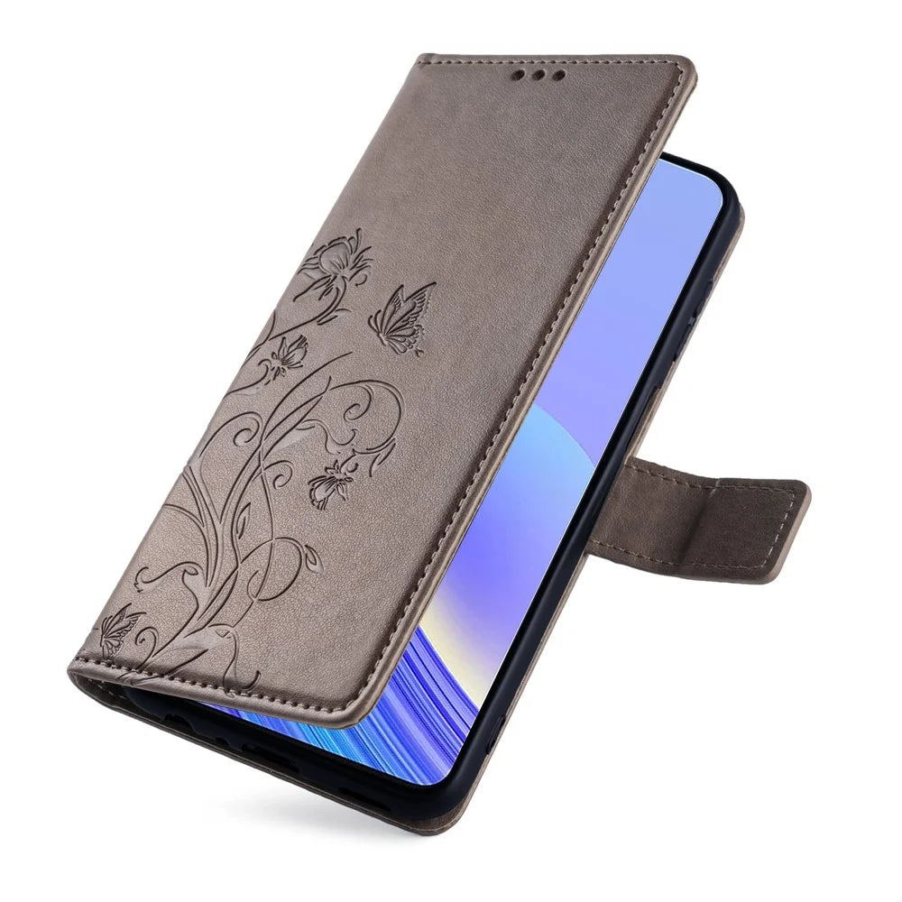For TCL 40 SE PU Leather Phone Case Butterfly Flower Imprinted Phone Cover - Grey - 6