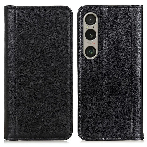 For Sony Xperia 1 VI Case Litchi Texture Split Leather Stand Magnetic Absorption Phone Cover - Black - 1