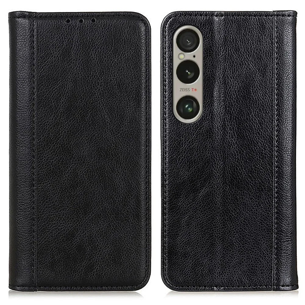 For Sony Xperia 1 VI Case Litchi Texture Split Leather Stand Magnetic Absorption Phone Cover - Black - 1