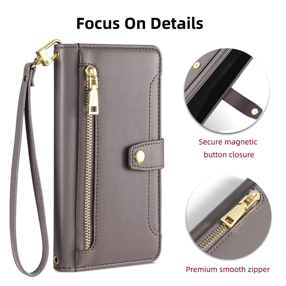 For TCL 505 Case PU Leather Bump Proof Cash Pocket Crossbody Phone Cover - Grey - 6