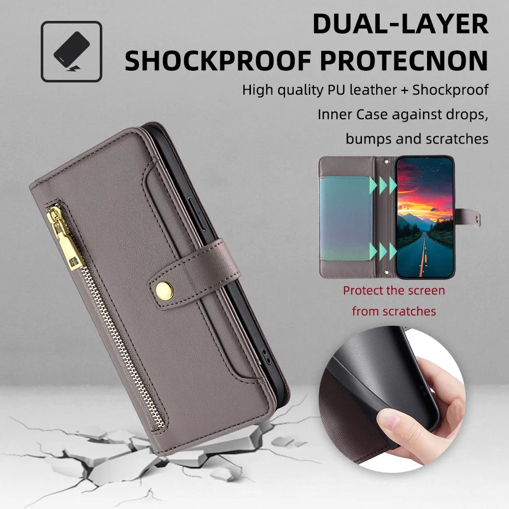 For TCL 505 Case PU Leather Bump Proof Cash Pocket Crossbody Phone Cover - Grey - 7