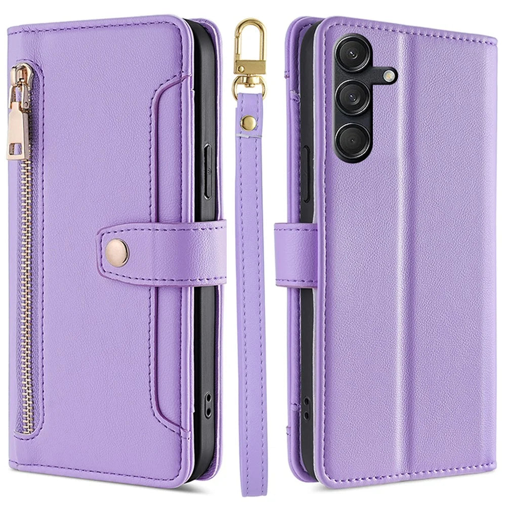 For Samsung Galaxy M55 5G / C55 5G / F55 5G Wallet Case PU Leather Zipper Phone Cover with 2 Straps - Purple - 1