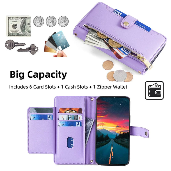 For Samsung Galaxy M55 5G / C55 5G / F55 5G Wallet Case PU Leather Zipper Phone Cover with 2 Straps - Purple - 5