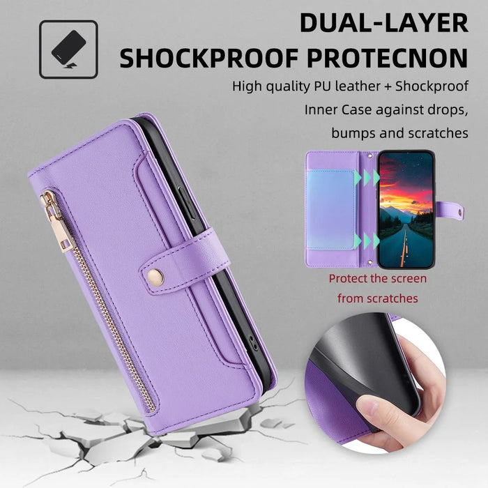 For Samsung Galaxy M55 5G / C55 5G / F55 5G Wallet Case PU Leather Zipper Phone Cover with 2 Straps - Purple - 7