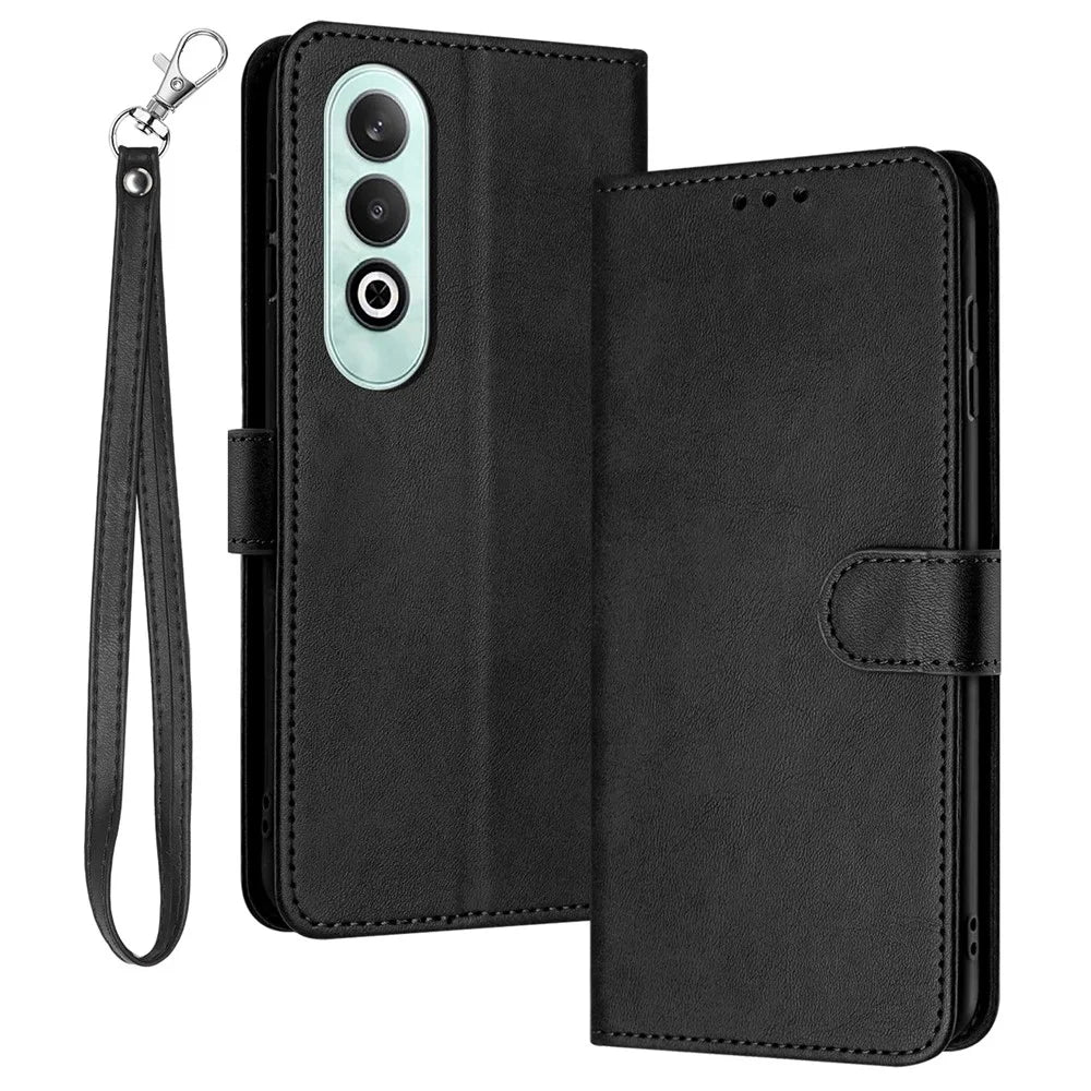 For OnePlus Nord CE4 5G Folio Flip Leather Wallet Cell Phone Case Fall Proof Cover with Strap - Black - 1