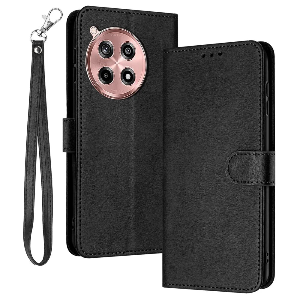 For OnePlus Ace 3 5G / 12R 5G Folio Flip Cover Leather Wallet Cell Phone Case with Strap - Black - 1