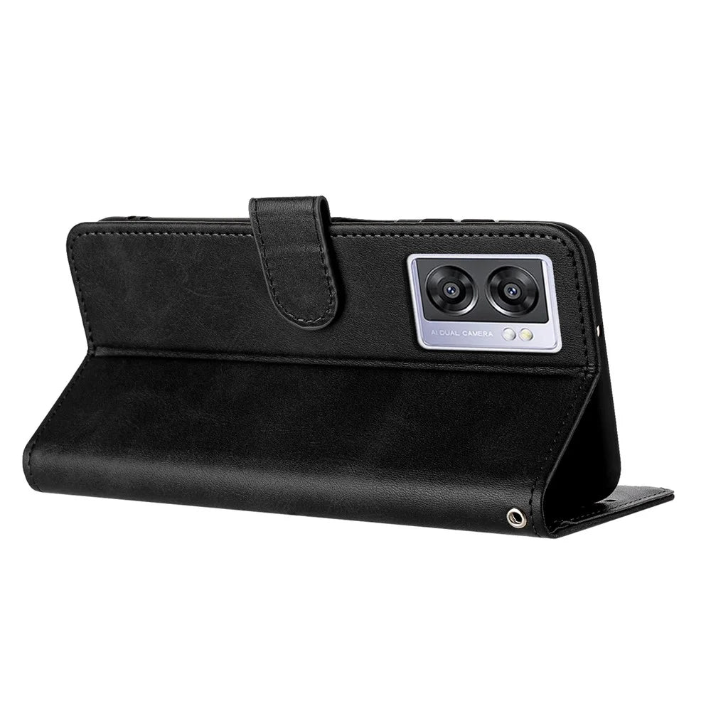For Oppo A57 (2022) 5G / A77 5G / A57 4G / A57e 4G / A57s 4G / A77 4G / A77s 4G / OnePlus Nord N20 SE 4G Leather Phone Stand Case - Black - 2
