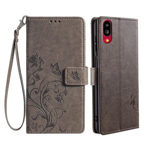 For Sharp Simple Sumaho 6 A201SH Case PU Leather Butterfly Flower Wallet Cover - Grey - 1